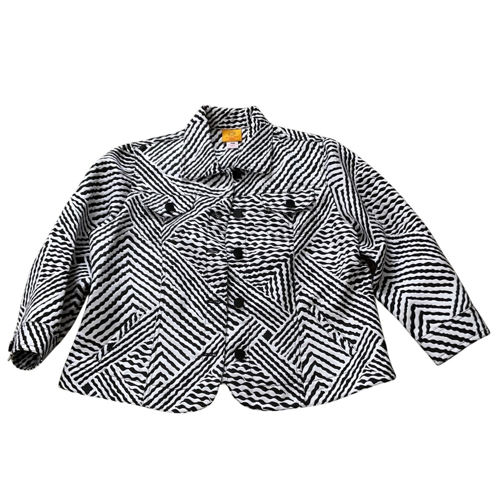 Ruby Rd Petite Black White Geometric Optical Print Button Front Jacket 14P
